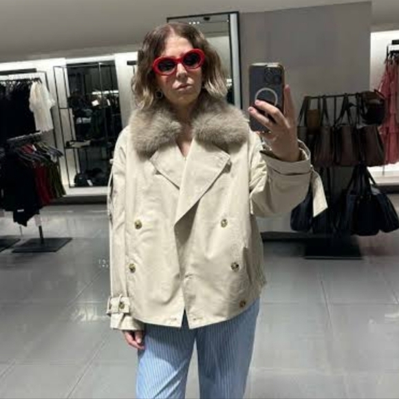 ZARA WATER REPELLENT SHORT TRENCH COAT FUR Size XL - Picture 14 of 16